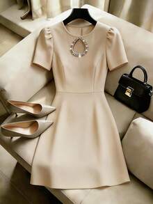 Franclia Women's Elegant Summer White Sequin Short Puff Sleeve A-Line Dress,Diamond Hollow-Out Round Neck Waist-Cinching Party Birthday Graduation Outfit - Apricot - View 1