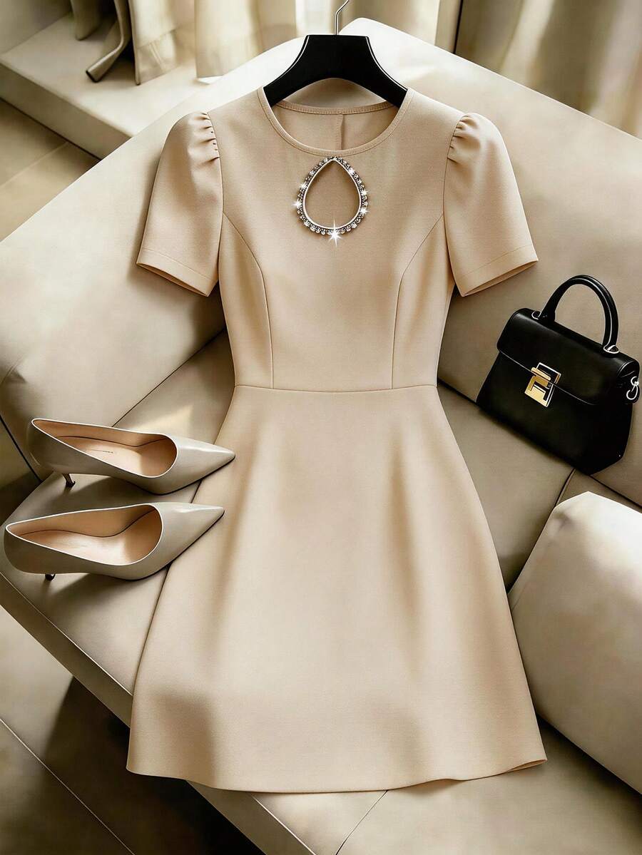 Franclia Women's Elegant Summer White Sequin Short Puff Sleeve A-Line Dress,Diamond Hollow-Out Round Neck Waist-Cinching Party Birthday Graduation Outfit - Apricot - View 1