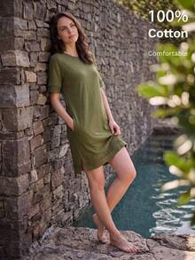 Dayvera Đầm dự tiệc thường ngày cổ tròn màu trơn có túi dành cho nữ - màu xanh lá - Xem 1