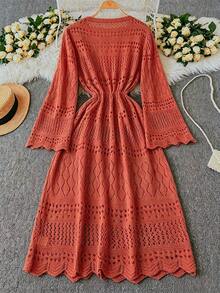DreamSkyne Plus Size Women's Solid Color Beach Resort Romantic Crochet Net Drawstring Tie Bow Cardigan Western Wear - Orange - View 2