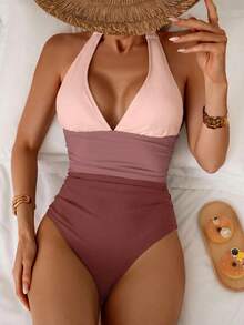 Shapewave Traje de baño de una pieza con control de abdomen, diseño de bloques de color, cuello halter y espalda cruzada - Multicolor - Ver 5
