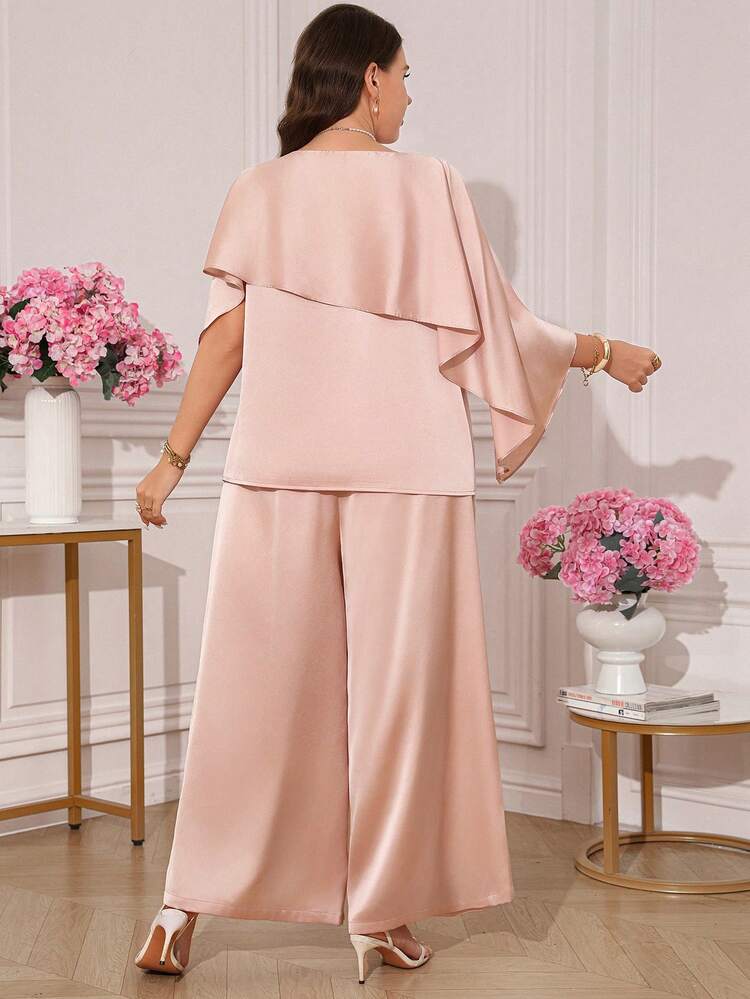 Plus Size Women Asymmetrical Sleeve Crew Neck Top And Pants Set