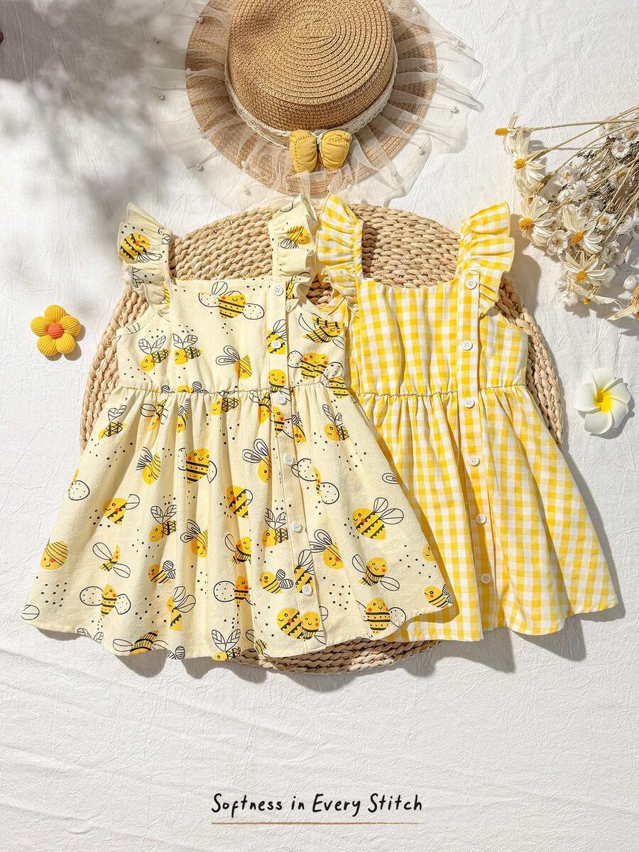 Cozy Pixies Bộ 2 váy dệt kẻ caro cho bé gái, họa tiết ong hoạt hình dễ thương, cổ bèo nhún, kiểu dáng thường ngày. - Nhiều màu - Xem 1