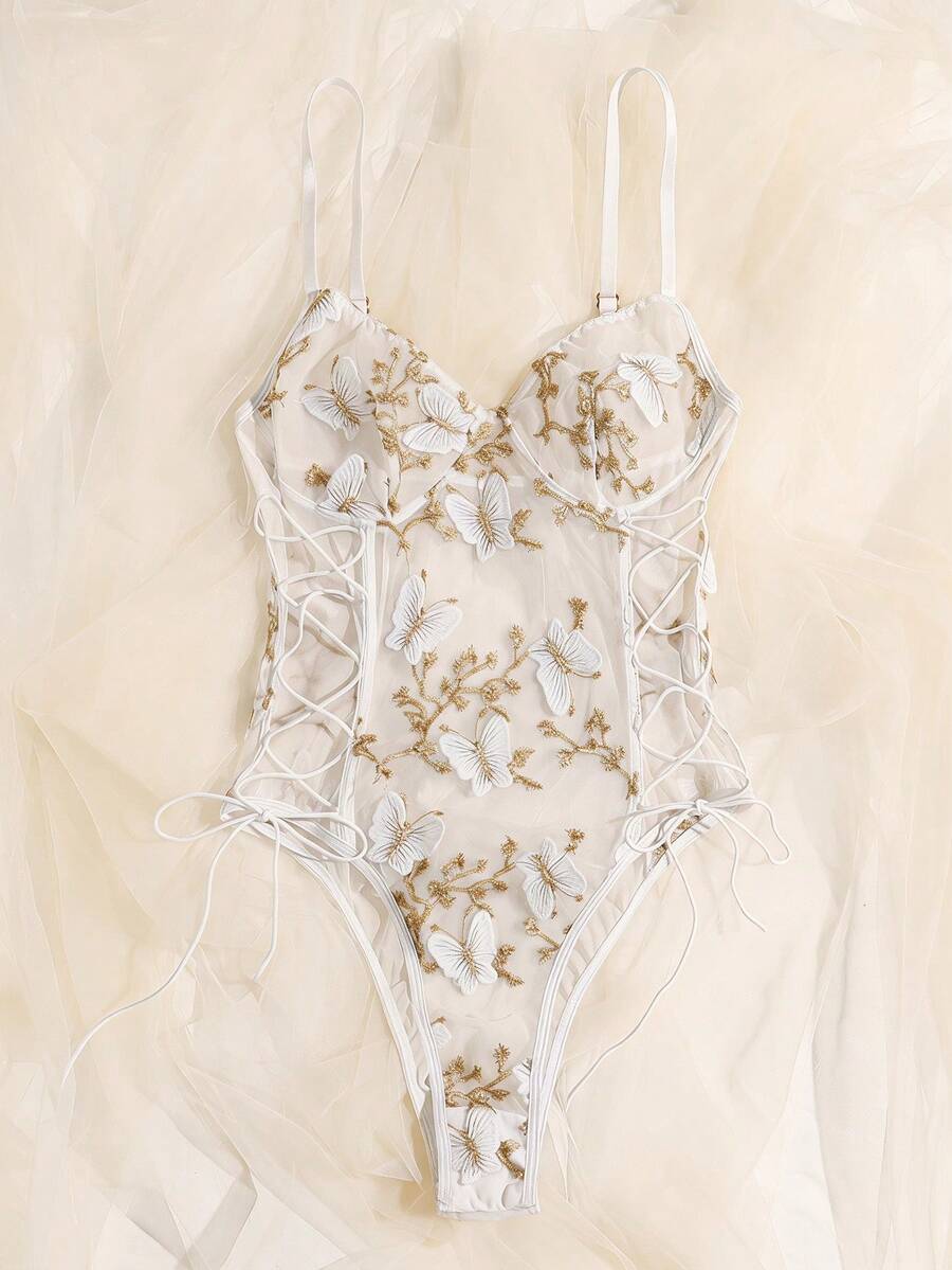 SHEIN 女士蝴蝶贴花性感连体裤 - 白色 - 查看 1