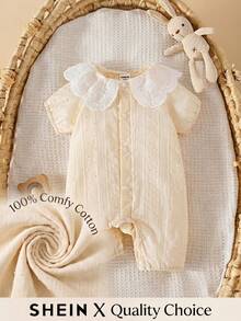 SHEIN Newborn Baby Girl Summer Lace Hollow Floral Collar Front Snap Romper - Yellow - View 1