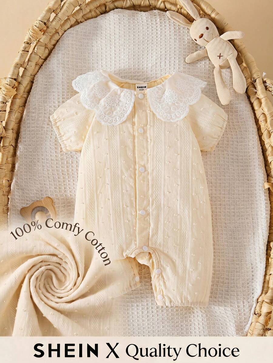 SHEIN Newborn Baby Girl Summer Lace Hollow Floral Collar Front Snap Romper - Yellow - View 1