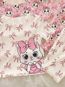2pcs/Set Cute Cartoon Cat & Bow Print Baby Girls Ruffle Trim Colorblock Homewear Outfit, Suitable For Spring/Summer Daily, Holiday, Vacation - Multicolor - View 4