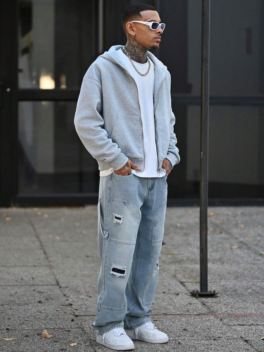 Devon Thys Quần Jeans Nam Túi Xé Đơn Giản, Mặc Hàng Ngày Thường Ngày - Rửa nhẹ - Xem 1