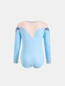 SHEIN 1pc Tween Girls' Cute Light Blue Diamond Pattern Long Sleeve Romper,Summer Active Dancewear,Comfortable Fitted Knit For Gymnastics,Stage Performance - Blue - View 5