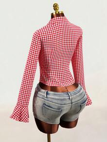 Mistrie Women's Sexy Cottage Core Retro V-Neck Eyelet Lace-Up Long Sleeved Plaid Shirt With Front And Middle Straps Ruffle Sleeves Design Picnic Oktoberfest - Red and White - View 2