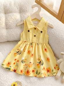 SHEIN Playful Pals 1件女婴浅黄色花朵蜜蜂印花可爱复古翻领无袖纽扣连衣裙，带假口袋和喇叭裙摆，百搭夏季连衣裙，适合休闲外出、旅行、公园、购物等场合。 - 黃色 - 查看 5