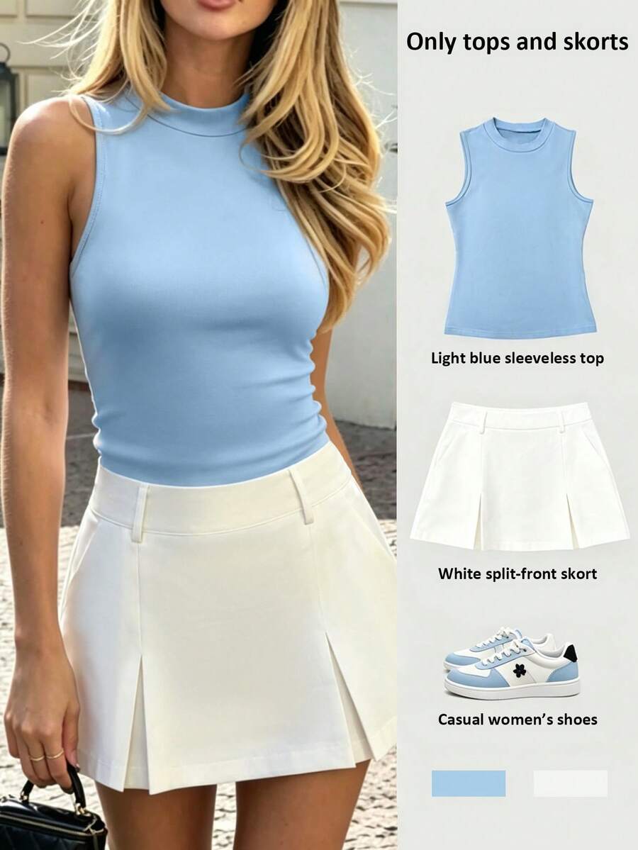 MYSTAURA Women Blue & White Sleeveless Top & Bottom Set - Blue and White - View 1