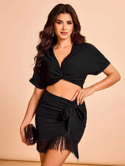 Glamance Bộ áo tay ngắn cổ V sâu buộc dây và chân váy gấu tua buộc dây, tôn dáng eo-hông, trang phục thanh lịch trưởng thành thường ngày gợi cảm để đi chơi, đi làm, văn phòng, hằng ngày, tiệc, khách mời đám cưới, phù dâu, sinh nhật, kỳ nghỉ, dịp trang trọng Trung Đông, bãi biển, khu nghỉ dưỡng, du lịch, đồ bơi