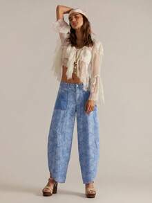 Bohemela Women's Casual Vacation & Commute Paisley Print Patchwork Pocket Loose Straight Leg Pants - Blue - View 4