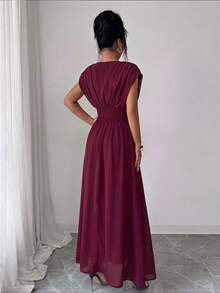 Modelyn Burgundy Chiffon Sleeveless Draped Neck Cinched Waist Long Flared Dress, Spring/Summer Dining Elegant Dining - Burgundy - View 3