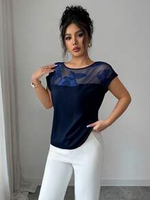 Balvessa Blus Lengan Pendek Wanita Musim Panas Terbaru, Elegan, untuk Liburan & Kantor, dengan Aplikasi Patchwork Jala - Navy Blue - View 6