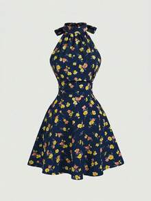 Skyraze Women's Floral Print Backless Twist Ruched Cami Mini Dress - Navy Blue - View 5