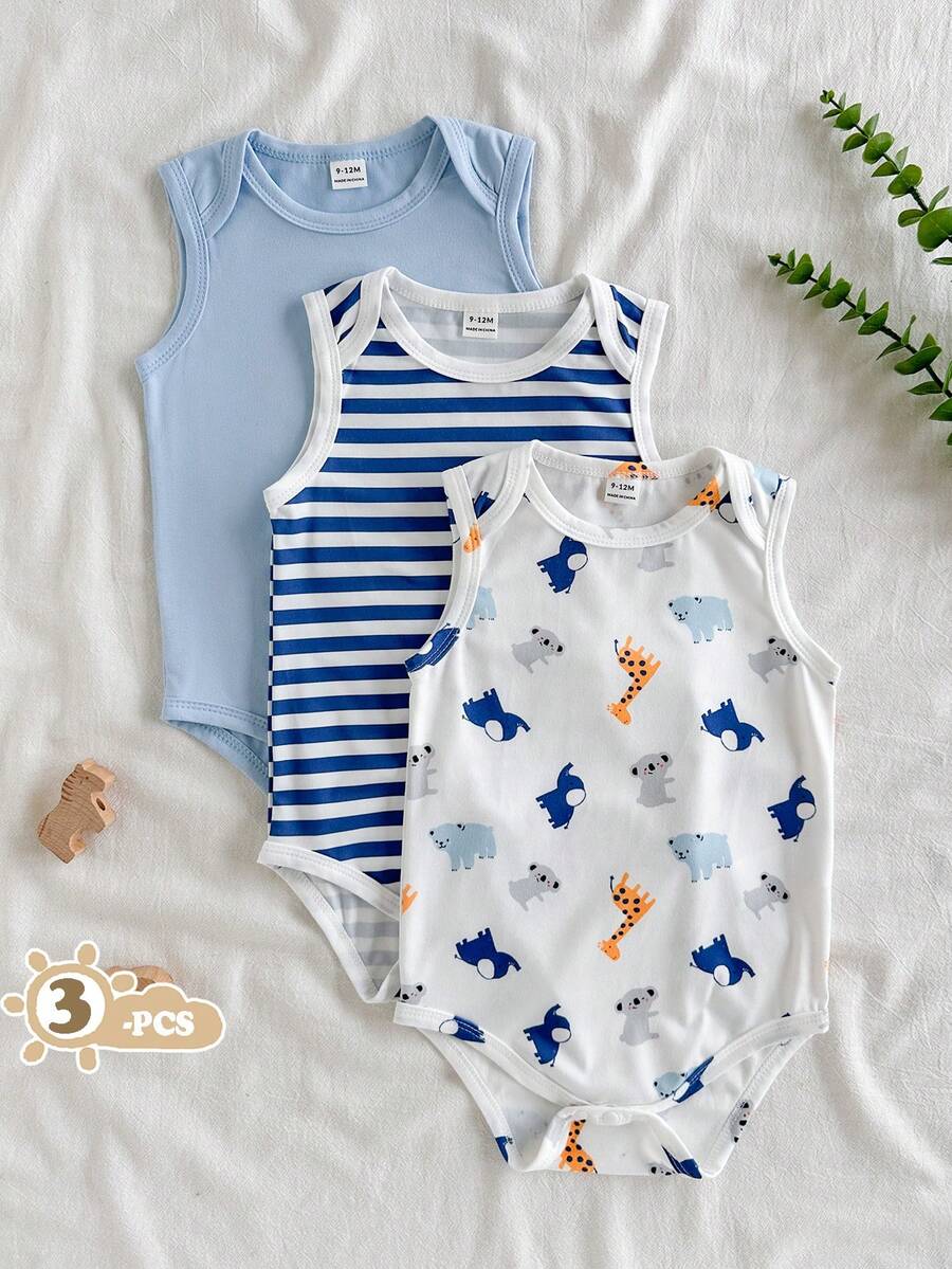 SHEIN Vintaside Kids 男婴春夏多色可爱清新舒适无袖背心三件套。三种款式:卡通动物印花、纯蓝色和蓝白条纹。针织面料,宽松版型。三件套满足多种穿搭场景需求。适合幼儿休闲、户外散步等场合穿着。 - 彩色 - 查看 1