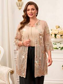 Miaspire Plus Size Elegant Gothic Formal Mesh Floral Embroidered Front Cardigan, Summer Wedding Evening Cocktail Red - Apricot - View 3