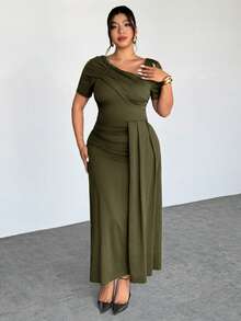 Firerie Plus Size Women's Spring/Summer New Oblique Collar Ruffle Hem Asymmetrical Design Vacation Casual Waist Cinching Elegant Short Sleeve Dress - Army Green - View 4