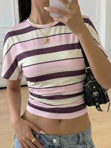 SHEIN Áo thun nữ tuổi teen màu trắng dệt kim, eo nhún, cổ tròn, tay ngắn, dáng croptop, kiểu dáng thường ngày. - Nhiều màu - Xem 6