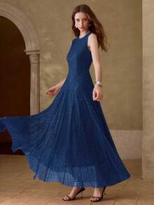 MOTF PREMIUM WOMEN'S SOLID COLOR LACE WAIST FLARED DRESS - Blue - View 1