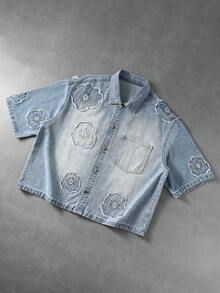 ROMWE MEN Street Life Áo thun nam tay ngắn denim dáng rộng, thêu họa tiết, phong cách thường ngày, đã qua xử lý mài mòn. - Màu xanh lam - Xem 5