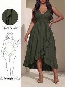 Truni Sometimesglam Plus Size Vacation Casual Patchwork Ruffle Trim Sleeveless Beach Dress Sundress, Holiday Outfits Boho, For Pear Triangle Body Shape, For Summer - Army Green - View 1
