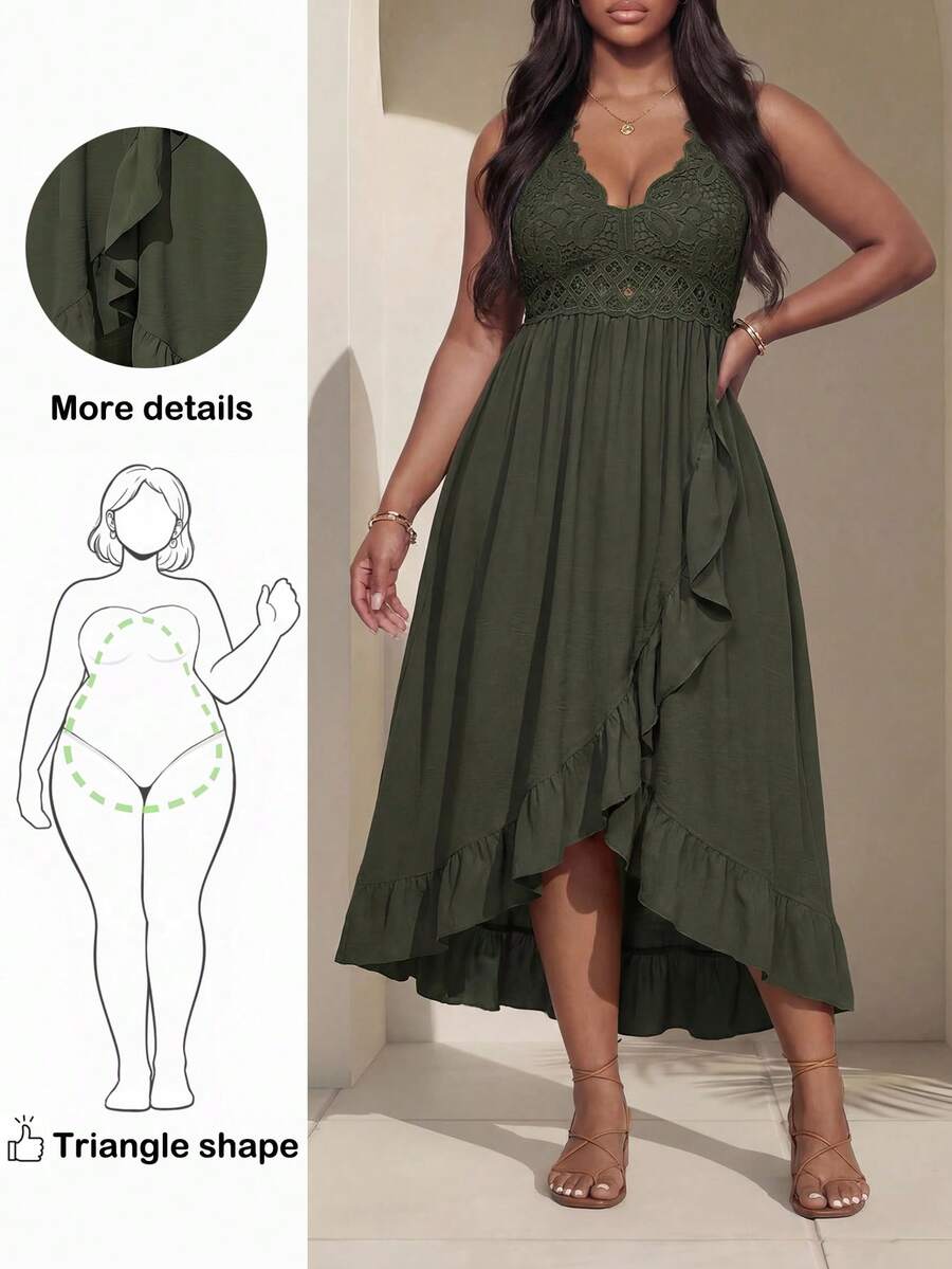 Truni Sometimesglam Plus Size Vacation Casual Patchwork Ruffle Trim Sleeveless Beach Dress Sundress, Holiday Outfits Boho, For Pear Triangle Body Shape, For Summer - Army Green - View 1