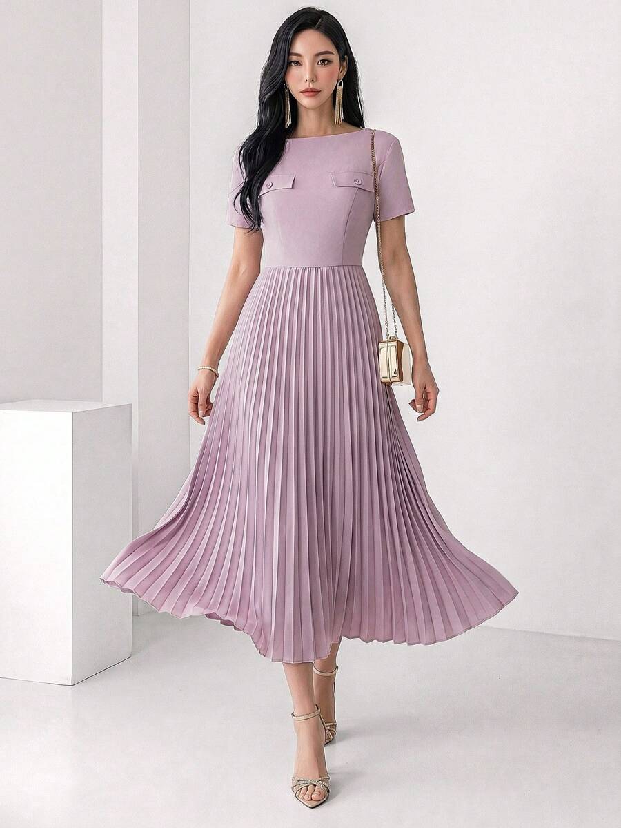 Heiryn Vestido Plissado Elegante de Cor Sólida de Comprimento Médio, Verão