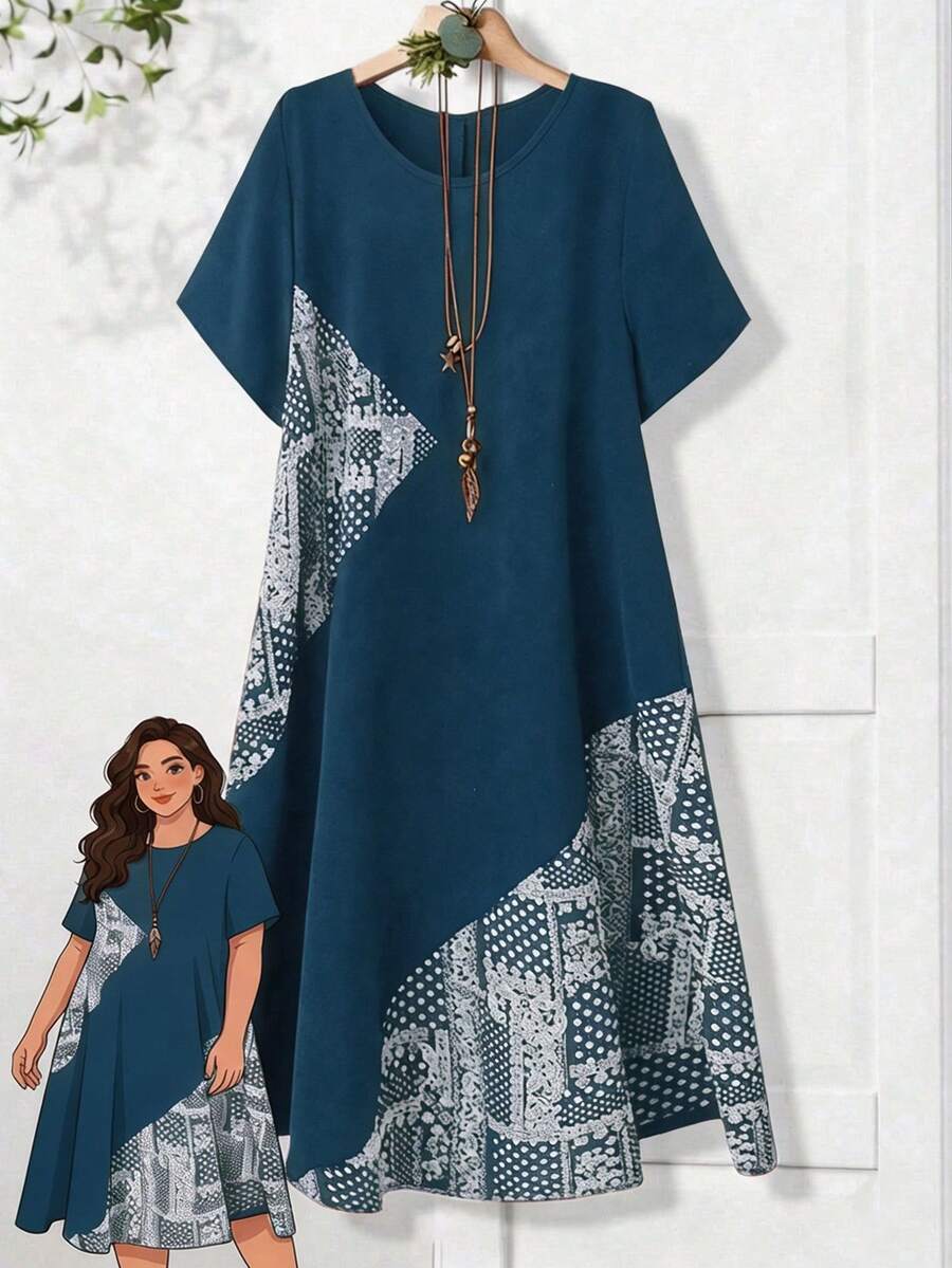 Rusticease Plus Size Solid Color Printed Patchwork Round Neck Short Sleeve Dress - Teal Blue - View 1