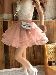 DAZY Women's Girly Mesh Korean Style Versatile Mini Skirt, Spring/Summer - Pink - View 4