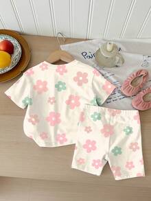 2pcs Baby Girls' Casual Floral Print T-Shirt And Shorts Set, Comfortable For Everyday Wear, Suitable For Summer - Multicolor - View 2