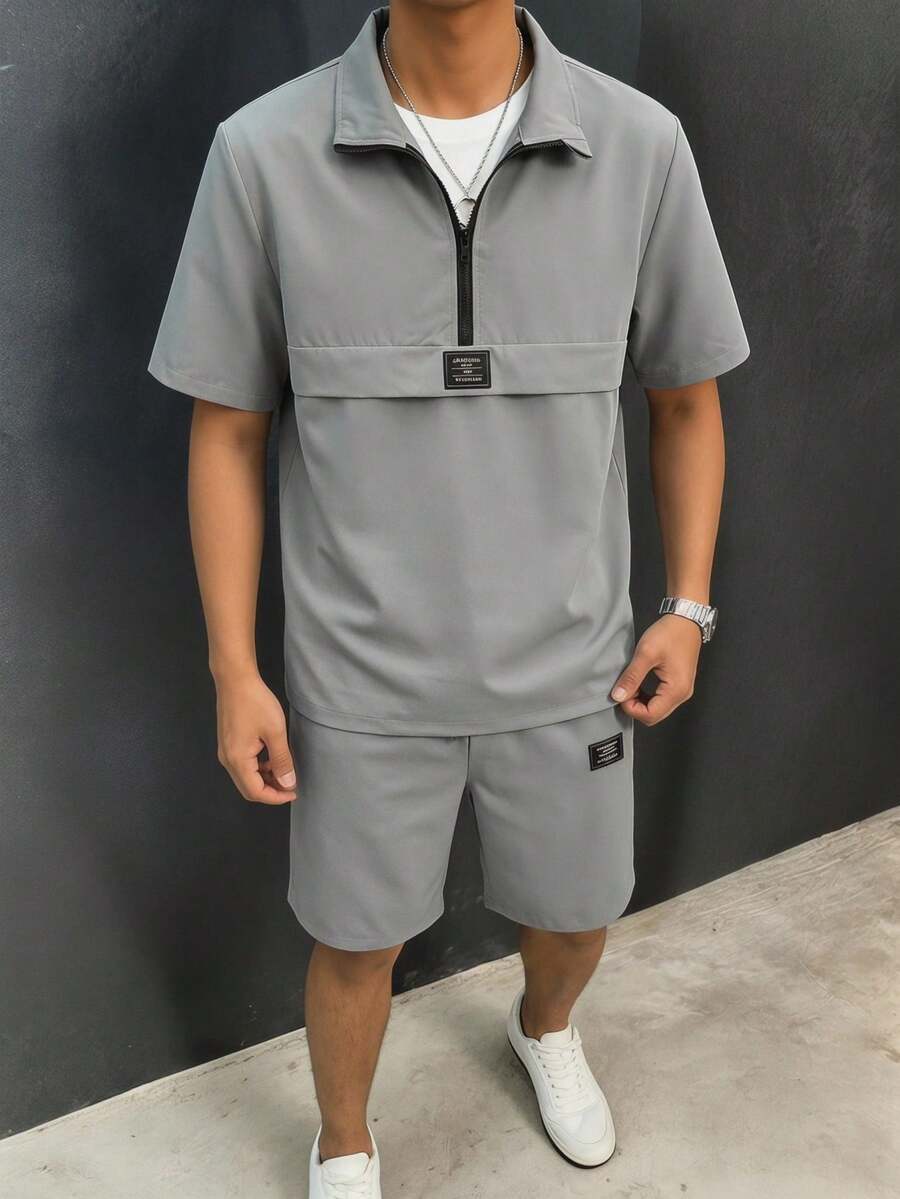 SHEIN Bộ quần áo 2 món cho bé trai tuổi teen, áo polo cổ bẻ tay ngắn có khóa kéo và quần short, màu xám, phù hợp cho đi học, biểu diễn, đám cưới, dã ngoại, tiệc tùng, mùa xuân/hè.