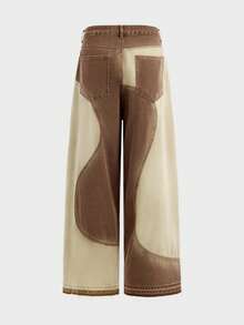 AXEPEAK Men's Pockets Button Patchwork Contrast Color Washed Retro Streetwear Denim Jeans Holiday Beige Summer - Brown - View 11