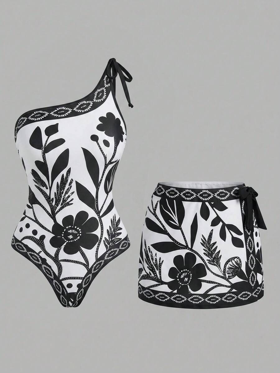 Swim Oasis 26SS 女款春夏海灘度假優雅浪漫波西米亞熱帶葉花卉印花,不對稱肩單件泳衣 & 裹身式長裙,適合度假、海灘、下午茶、野餐、派對、日常穿著、休閒、戶外活動,時尚穿搭 - 米色 - 查看 1