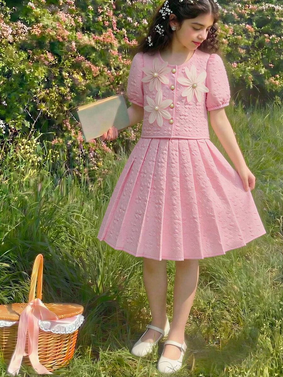 SHEIN Elladie kids 女童两件套:休闲优雅的黄色提花针织上衣,饰有珍珠纽扣,搭配白色亮面提花百褶裙,适合外出穿着。 - 粉色 - 查看 1