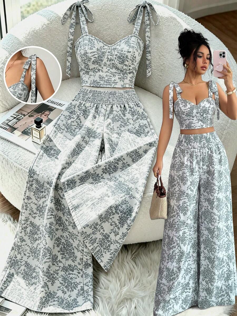 Elenzga Standard Size Women's Spaghetti Strap Backless Design + Waist Drawstring Wide Leg Pants 2 Pieces Set - Green - View 1