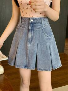 DAZY Women's Short Pleated Denim Mini Skirt, Suitable For Spring And Summer - Blue - View 7