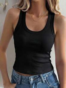 Livesso Women's Slim Fit Ribbed Solid Color Round Neck Camisole, Summer Everyday Black Casual - Black - View 5