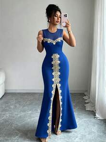 Elenzga Women's Contrast Embroidery Round Neck Mesh Patchwork High Slit Sleeveless Dress - Blue - View 4