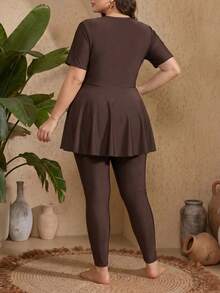 Swim Mulvari Plus Size Women Conservative Solid Color Burkini - Brown - View 2
