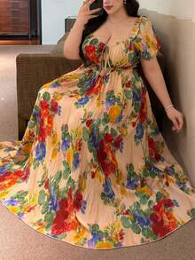 SHEIN CURVE+ Elegante vestido largo de verano con estampado de pintura al óleo vintage francesa de colores vibrantes, con mangas abullonadas, hombros descubiertos, cuello convertible y cintura ceñida, para vacaciones - Multicolor - Ver 6