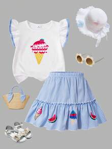 2pcs/Set Young Girl' Ruffle Sleeve Top With Interesting Ice Cream Print White Skirt Summer - Multicolor - View 9