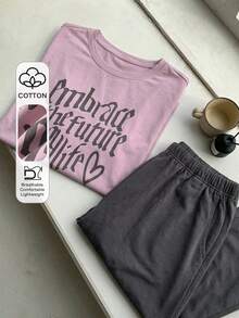 Dazy Plus Cute Girl's Casual Homewear Letter Print Short Sleeve Top And Solid Color Loose Pajama Pants Set, Plus Size, Spring/Summer - Dusty Purple - View 1
