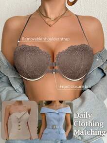 DesireSculpt 1件装女士白色钢圈前扣蕾丝文胸，性感舒适，提拉支撑 - 摩卡棕 - 查看 7