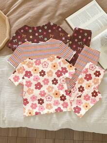 Conjunto de ropa de casa para bebé niña con estampado floral en beige, con volantes y contraste de color, para verano y vacaciones, ropa casual y cómoda de primavera y verano para uso diario - Multicolor - Ver 2