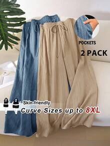 SHEIN CURVE+ Curve Size US22 音樂節海邊度假波希米亞風 柔和版型 2件組休閒紋理百褶褲 微透 秋季 淺藍色卡其色 - 彩色 - 查看 2