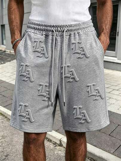 Manfinity EMRG Men's LA Puff Print Fleece Shorts, Relaxed Fit Casual Shorts, Ideal For Street Style, Daily, Lounge & Vacation Wear, Suitable For Guys, Teens, Fashion Enthusiasts & Casual Wearers