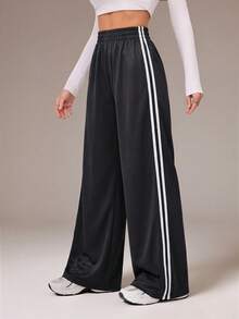 SHEIN Tall Pantalones casuales grises con rayas laterales, moda sencilla para uso diario, para mujeres altas - Gris Oscuro - Ver 4